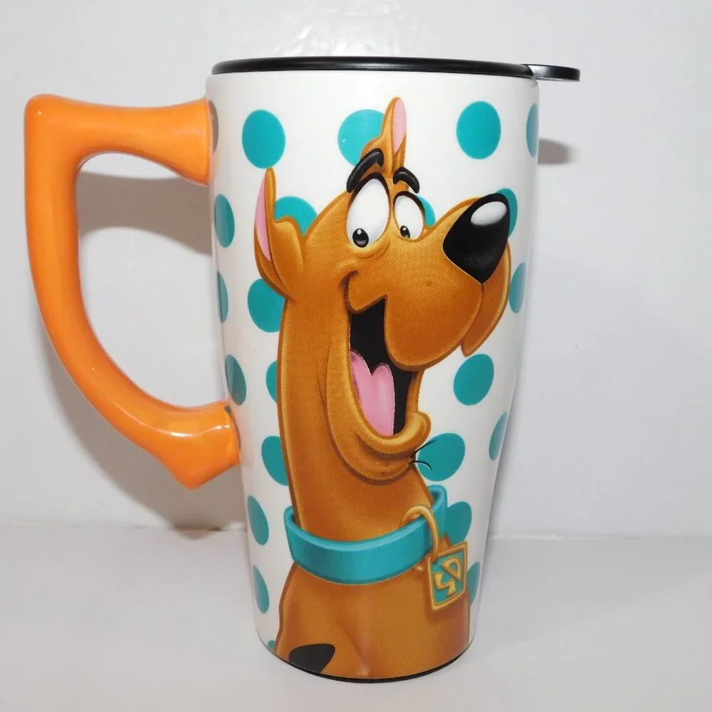 Scooby Doo Teal White Polka Dot Ceramic Travel Mug Tumbler 18 oz Hot Cold Coffee - Picture 3 of 6